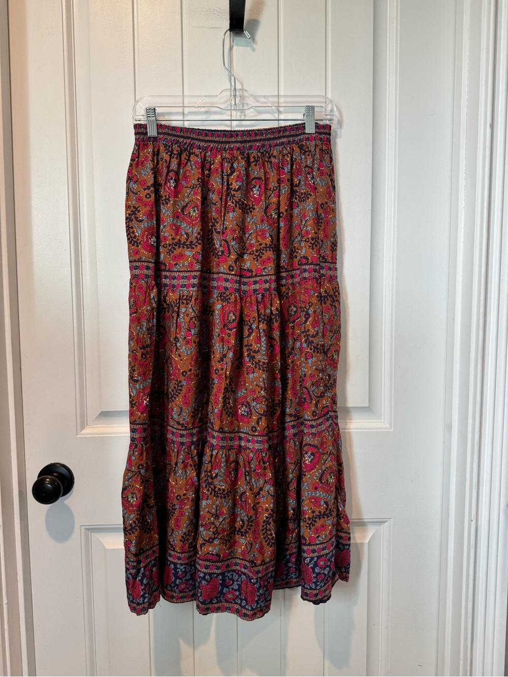 Haute Hippie Paisley Tiered Maxi Skirt in Rust & Pink